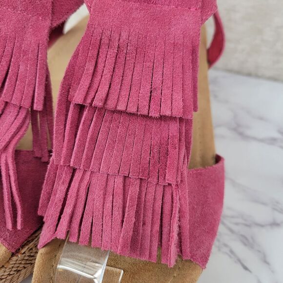 Minnetonka Pink Suede Fringe Platform Wedge Sandals Women's Size 9 - Picture 4 of 14